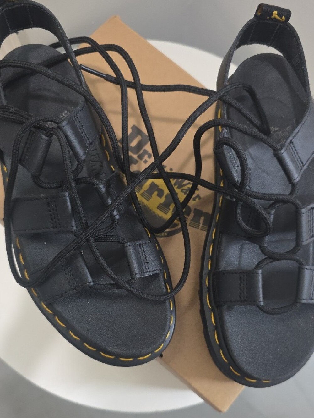 Dr. Martens Black Lace Up Platform Gladiator Sandals with Yellow Stitching - Picture 6 of 6
